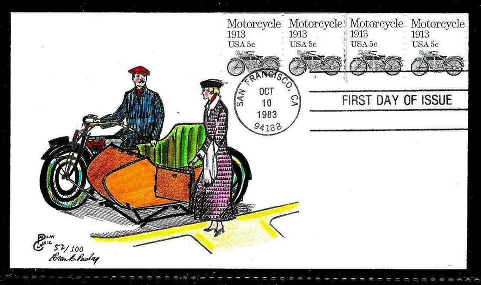 1899 5c Stamp (1983) THE POPE MOTORCYCLE FDC HD/HP BY FRAN B. PASLAY (PNC #2) - Image 1 of 1