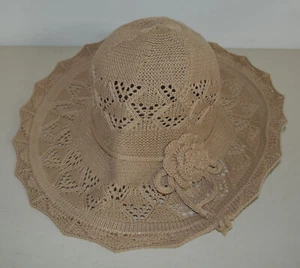 Lady Women Medium Floppy Brim Hat With Crochet Beach Hat Sun Hat Summer Beige - Picture 1 of 5