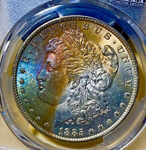 1885-O MS64 Steel Blue, Purple/Red, Gold PCGS New Orleans Mint Morgan Silver $