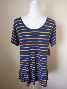 Lula Roe Women's Lg. Yellow & Blue Striped Round Neck Short Sleeve Shirt - Picture 1 of 10