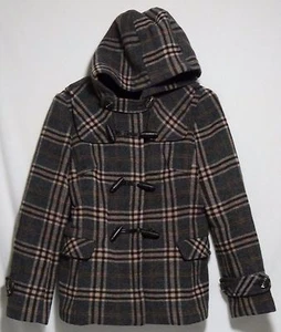 Etam Brand Wool Dark Gray Orange Plaid Winter Jacket Hood Womens 165/84A, XS EUC - Picture 1 of 3