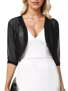 Women 3/4 Sleeve Sheer Shrugs Open Front Mesh Bolero Cropped Cardigan NEW - Picture 1 of 14