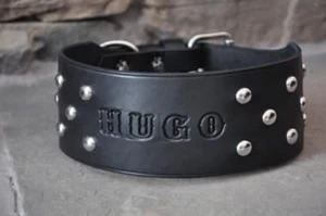 Extra Wide & Extra Long Leather Large Dog Custom Collar 3" Wide w/ Spots & NAME - Picture 1 of 12