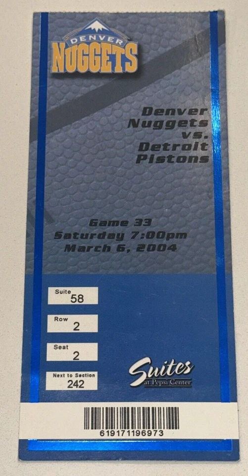 Denver Nuggets NBA Ticket Stub Carmelo RC Rookie Pistons Champs Season 3/6/2004 - Image 1 of 2