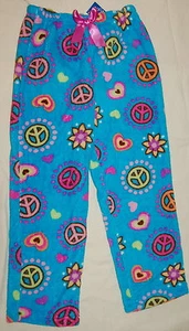 Girls FLAME RESISTANT Plush Sleep Pants S 6-6X Aqua PEACE SIGN Flowers Fleece - Picture 1 of 2
