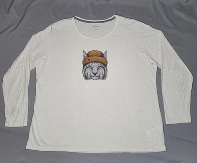Camisa Columbia para mujer 2X blanca manga larga cuello redondo bobcat gorro gato gráfico Foto 1 de 4