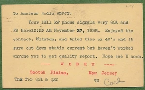 Scotch Plains, NJ - QSL - Ham Radio postcard 1938 - W2EKU - Picture 1 of 2