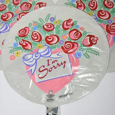 Vintage Im Sorry Foil Balloon 1996 Set Of 3 Apology Gift Floral Bow Heart - Image 1 of 3