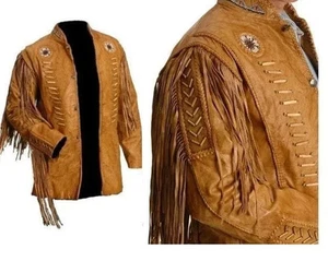 Men Western Cowboy Fringe Jacket Beaded Native American Real Leather Jacket - Picture 1 of 4