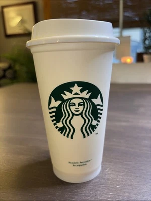 Starbucks Travel Mug Reusable Tall Plastic Coffee Cup w/Lid 16oz White 2012 Logo - Image 1 of 4