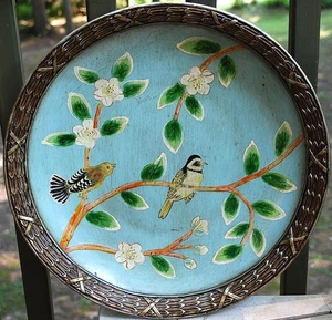 Vintage 16" HANDBEMALTE CHINOISERIE VÖGEL BLUME Runde Platte GEPRÄGTER RAND Acryl - Bild 1 von 24