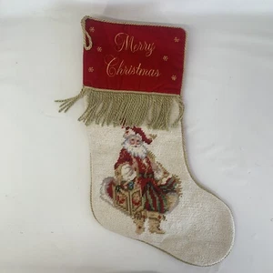 Christmas Stocking Needlepoint Old World Santa Red Velvet Backed Fringe 18" - Picture 1 of 7