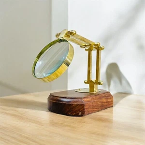 Vintage Brass Magnifying Glass Magnifier Desk Top Table Top Wooden Stand Antiqu - Picture 1 of 7