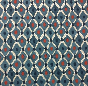 BALLARD DESIGNS LYDIA INDIGO BLUE RED LATTICE MULTIUSE FABRIC BY THE YARD 54" W - Picture 1 of 6