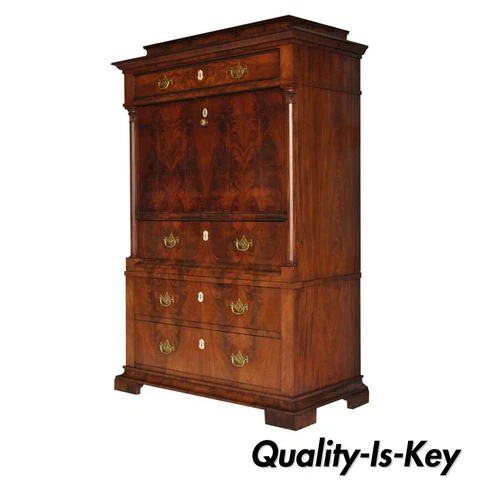 French Empire Flame Mahogany Drop Front Secretaire Abattant Secretary Desk Cover
