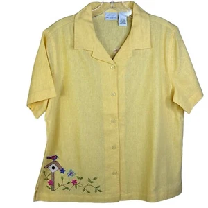 Kim Rogers Yellow Linen Blend Button Down Crop Shirt Embroidered Birds Medium P - Picture 1 of 10