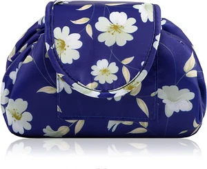 Drawstring Makeup Bag Portable Large Travel Cosmetic Pouch Blue Floral - Picture 1 of 5
