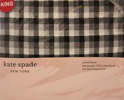 KATE SPADE KING SHEET SET 4PCS BLACK  & WHITE GRAY PLAID 100% COTTON FLANNEL - Image 1 of 4