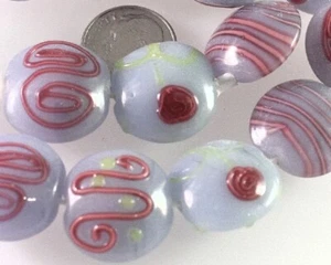 10 Lampwork Glass Gray & Pink 20mm Puffy Coin Beads * - Picture 1 of 4
