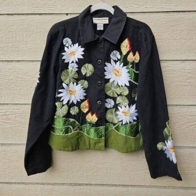 Carrie Allen black art to wear embroidered beaded flower jacket XL - Image 1 of 4