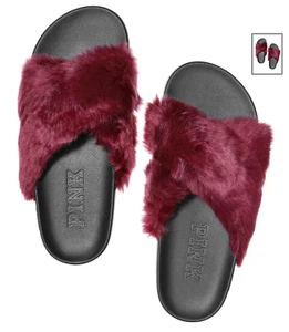 NWT VICTORIA'S SECRET PINK DEEP RUBY FAUX FUR CRISS CROSS STRAPS SLIDES MEDIUM - Picture 1 of 3