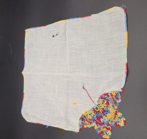 VTG Butterfly Handkerchief Hankie Crochet Variegated Red Blue Yellow Handmade - Picture 1 of 8