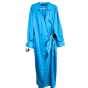 NWT Eloquii Blue Satin Long Sleeve Maxi Wrap Dress Gown Sz 22W Formal Cocktail - Picture 1 of 16