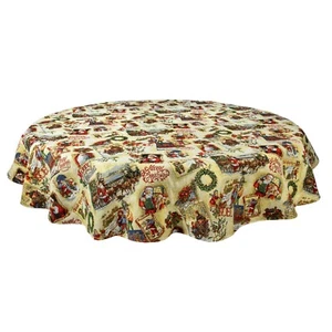 Round Tablecloth Christmas Gold Fabric Glitter Golden Santa Holiday Old Pattern - Picture 1 of 3