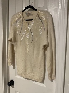 Vintage ANGORA & SILK Sweater 1970s 1980s FORINDI CREAM Sequin NEAUTRAL Boho Fur - Picture 1 of 4