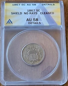 1867 US Shield Nickel, No Rays - Crisp ANACS AU58 w/ Die Breaks + Free Shipping - Picture 1 of 5