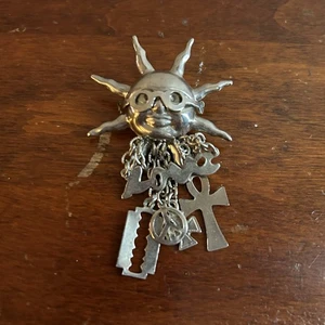 Vintage Silver Tone Sun Face Dangling Charms Peace Ankh Love Razor 1970s Boho - Picture 1 of 4