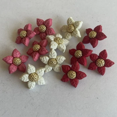 Set Of 12 White Pink Red Poinsettia Flower Buttons Christmas Snap Together - Image 1 of 4