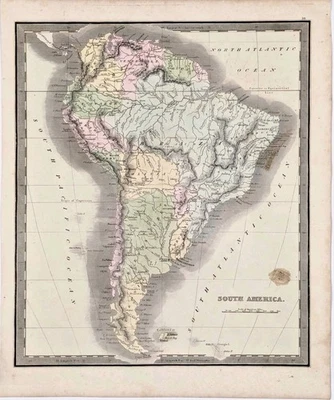 1848  SOUTH AMERICA Map ORIGINAL ANTIQUE 12X10  Brazil - Argentina - Patagonia  - Image 1 of 3