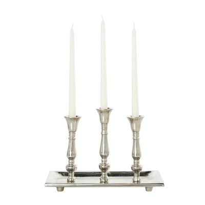 Candelabro de 3 velas de aluminio plateado con placa de vela soporte de 12x6x9 pulgadas Foto 1 de 4