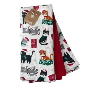 CASABA Küchentücher (3) Weihnachten Katzen weiß rot 70% Baumwolle 30% Lyocell NEU - Bild 1 von 3