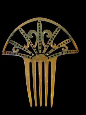 Peine de pelo Art Deco de celuloide grande pedrería verde  Foto 1 de 4