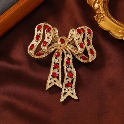 Art Deco Style Vintage Enamel Red Crystal Large Bow Brooch Badge Pin Gift - image 1 of 4