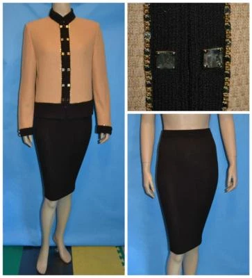 St John Collection Knits Gold Brown Jacket Skirt L 12 10 2pc Suit Buttons Trims - Image 1 of 4