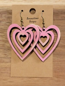 Hand Painted Laser Cut Wood Distressed Pink Heart Dangles 2.5" - Picture 1 of 1