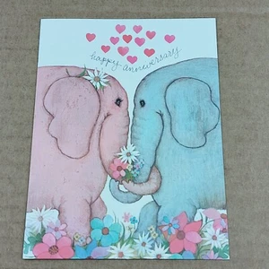 Happy Anniversary Card Cute Elephants, Hearts, Flowers 4 X 5.5 In - Picture 1 of 9