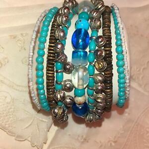 Turquoise Blue Silver Beaded Wrap Bangle Bracelet White Bead Bangle Vtg