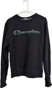 Champion Black Pullover Mens Medium Long Sleeve Sweater Spellout Logo - Picture 1 of 3
