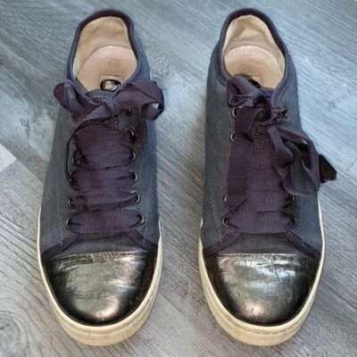 Lanvin Paris Sneakers 7.5 Blue Denim Pewter Metallic Toe Cap Ribbon Luxe $595 - Image 1 of 4