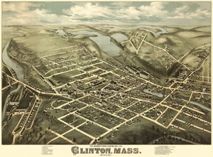 Clinton, Massachusetts - 1876 - Luftaufnahme Vogelperspektive Karte Poster - Bild 1 von 1