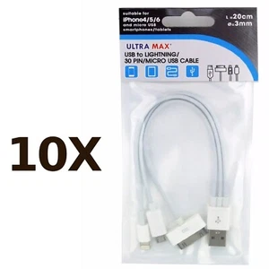 10X Ultramax USB - IP5/30 Pin/ Micro USB Cable Phone Charger Lead - Picture 1 of 5