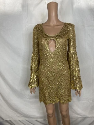 Vestido recto Michael Kors para mujer bordado a mano lentejuelas ojo de cerradura talla 4 dorado Foto 1 de 4