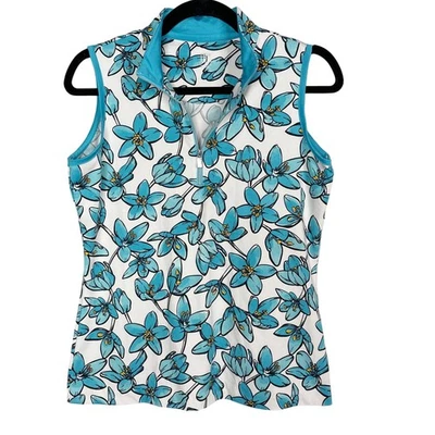 Polo de golfe cauda pequena S azul branco floral fannnie quarto de zíper sem mangas estampa  - Imagem 1 de 4