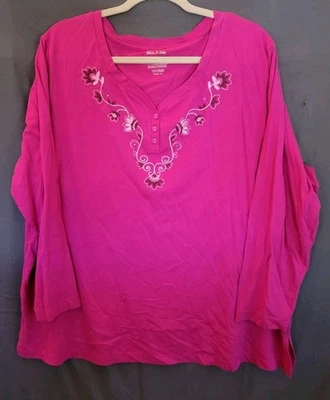 White Stag Womens Sz 3X Pink Longsleeve TShirt Floral Embroidery V-Neck Bling - Image 1 of 4