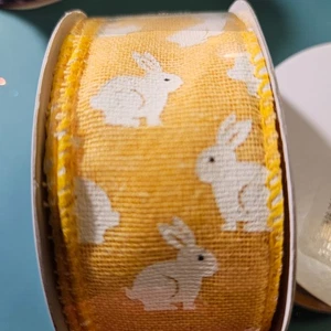 2 Rolls Yellow with Rabbits Wired Ribbon - Picture 1 of 2