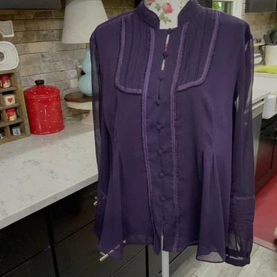 Coldwater Creek Top Women's XL 18 Blouse Button Front Lace Chiffon Purple Boho - Image 1 of 4